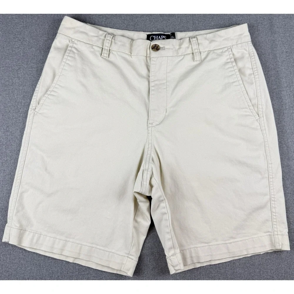 Chaps Stretch Chino Shorts Mens 32 Beige Khaki Flat Front Casual Golf Preppy